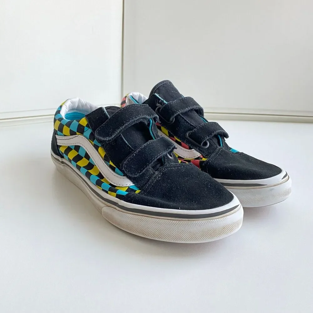 Vans Old Skool V Neon Glow Check Black/Multi Unisex Junior‎ 6 Hook Loop Shoes